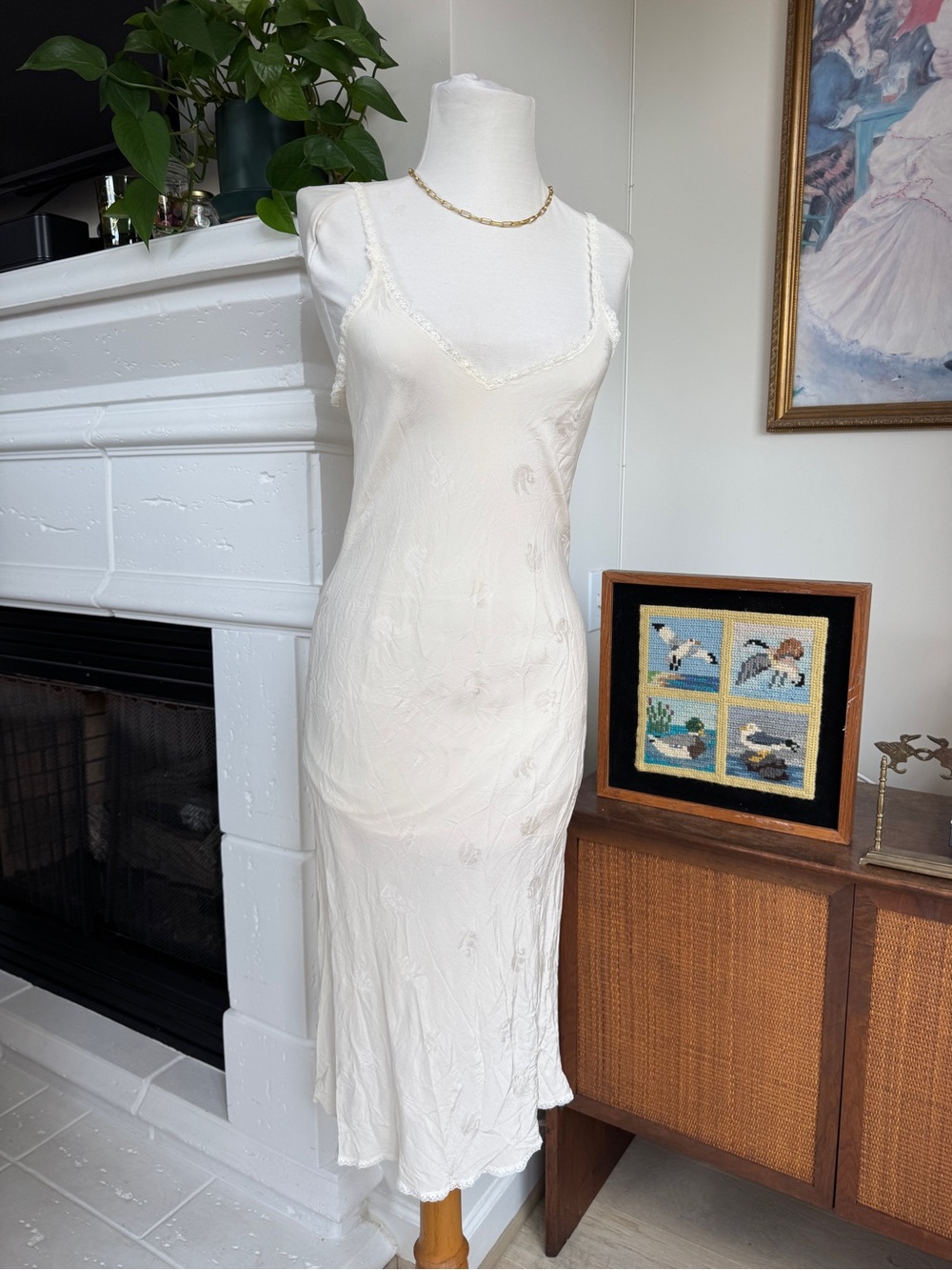 100% Silk Ivory Jacquard Lace-Trim Slip Dress